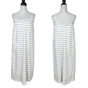 The Good Jane White Crepe Blue & Red Stripe Summer Casual Midi Dress